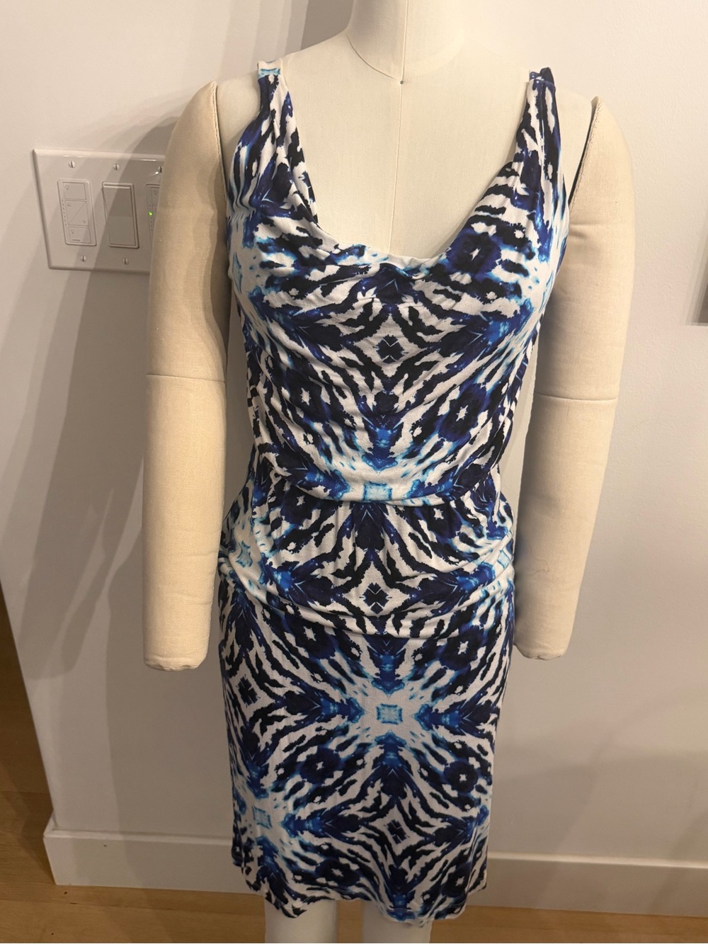 Kenar Blue and White Patterned Cowl Neck Midi Dress